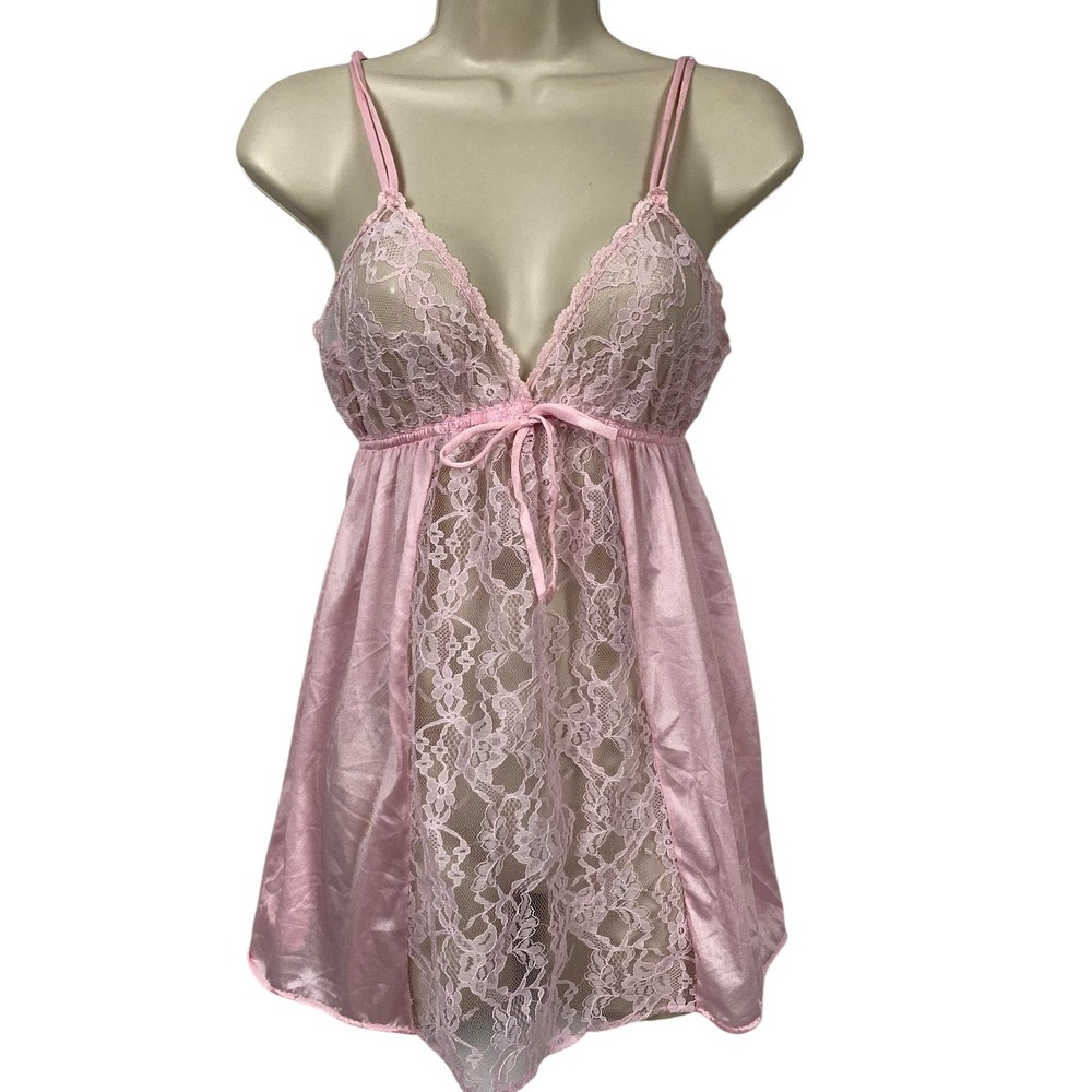 Vintage Jill Andrea Babydoll Nightgown Womens Medium Pink Lace Satin Lingerie